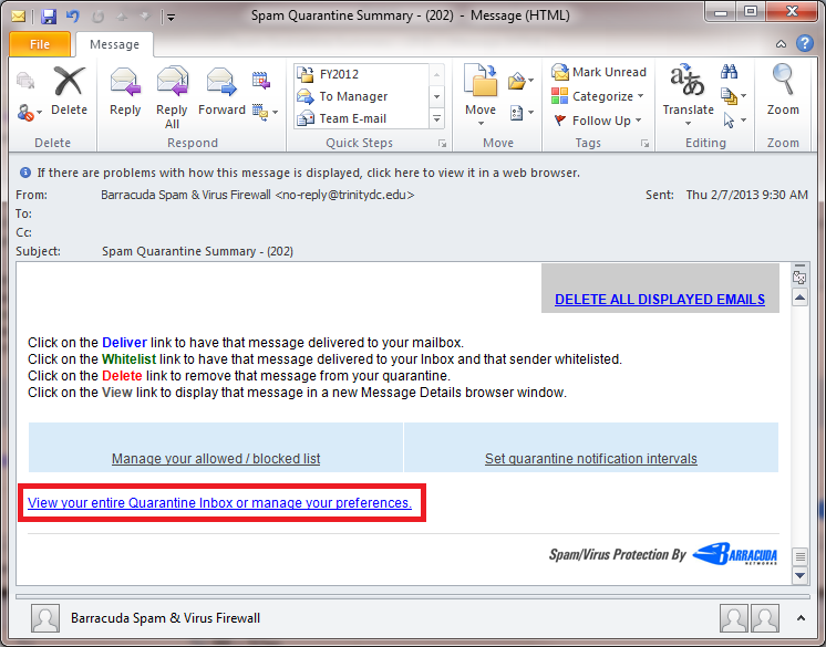 Screen capture of Spam Quarantine Summary email notification