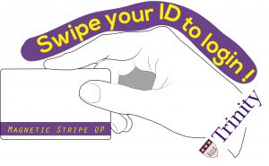 A hand holding a magnetic stripe ID card. The text says "Swipe your ID!".