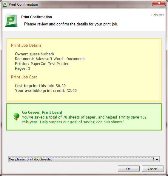 Screen capture of the PaperCut print confirmation box