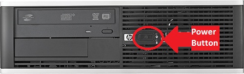 Picture of a HP 6005 desktop unit that illustrates where the power button is.