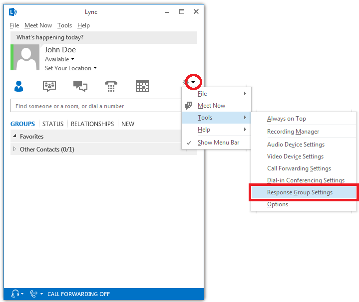 Screen capture on how to access the Response Group Settings in Skype