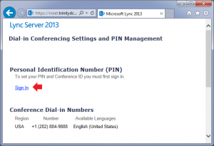 Screen capture of a web page that has a link to sign in in order to set the PIN and conference ID