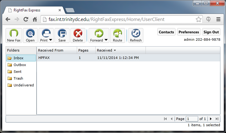 Screen capture of a web page showing the Right Fax inbox