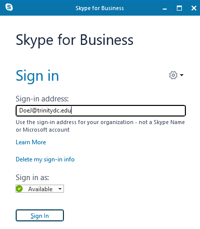 Screen capture of Skype sign-in interface