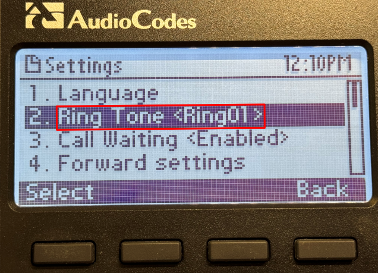 Picture of the display with the Ring Tone option highlighted