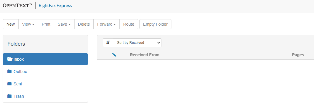 Screen capture of a web page showing the Right Fax inbox