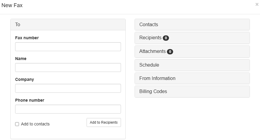 Screen capture of the Send Fax window