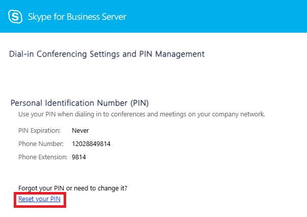 Screen capture of a web page that shows a link to reset the PIN