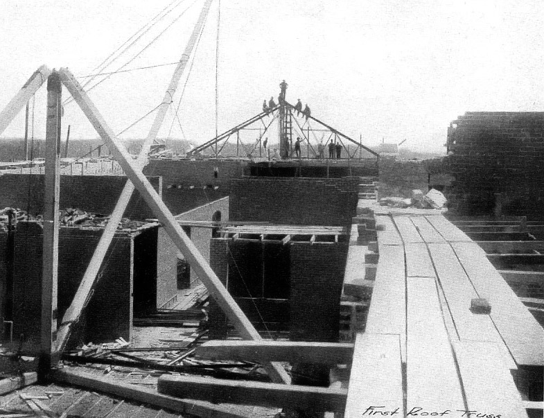 Photo showing building of roof of north wing of Main Hall