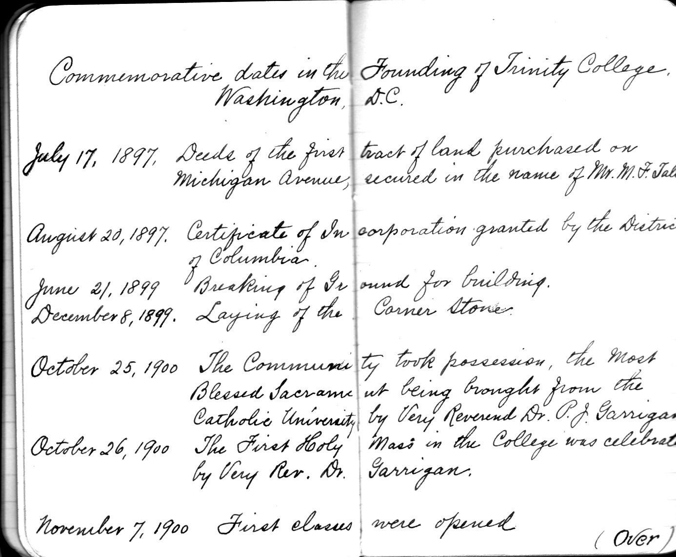 Notebook on Key Dates in Trinity's Founding