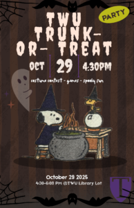 Event flyer for "TWU Trunk-or-Treat Party" taking place on October 29 from 4:30 PM to 6:00 PM at the TWU Library Lot. Features Snoopy and Woodstock wearing witch hats stirring a bubbling cauldron, alongside text listing a costume contest, games, and spooky fun.