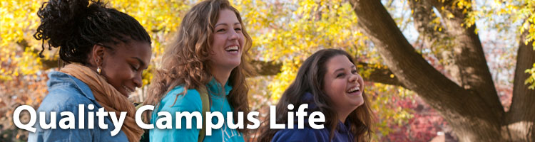 Banner: Connect, Lead, Serve. (Three female students smiling)