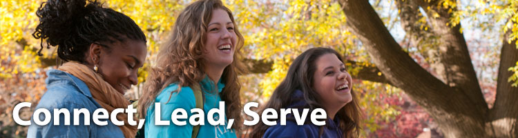 Banner: Connect, Lead, Serve. (Three female students smiling)