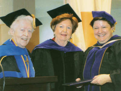 Sr Margaret with Joan Payden and McGuire Commencement 2003 800x600